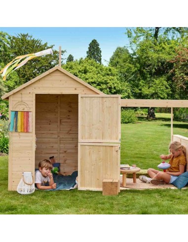 Cabane en bois, maisonnette pour enfants 2-en-1 avec pergola