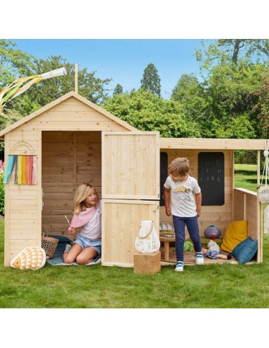 Cabane en bois, maisonnette pour enfants 2-en-1 avec préau et tableaux noirs