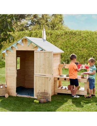 Cabane en bois, maisonnette pour enfants 2-en-1 avec cuisinière