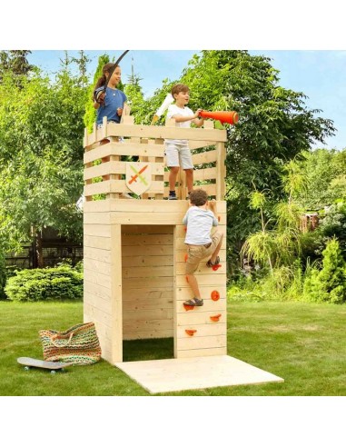 Aire de jeux écoresponsable en bois 3-en-1 - cabane, mur d'escalade, poste d'observation